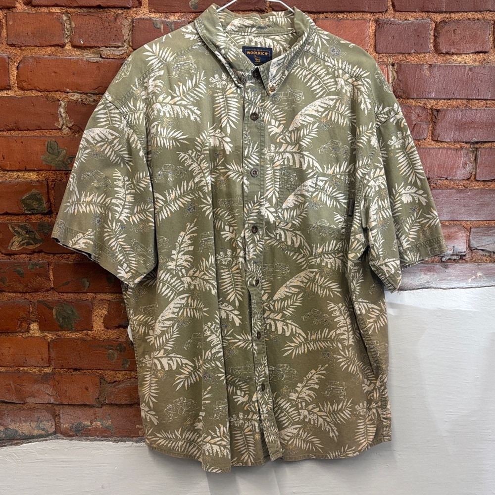 Vintage‎ Woolrich Palm Foliage Green Hawaiian Button Up Shirt Size XL